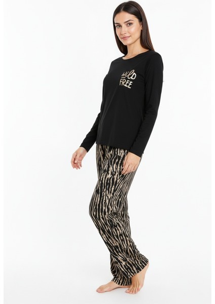 Üstü Yazılı Altı Kahverengi Zebra Desenli Elite Viscose Uzun Pijama Takımı Siyah 3553 fırsatları