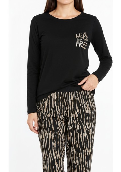Üstü Yazılı Altı Kahverengi Zebra Desenli Elite Viscose Uzun Pijama Takımı Siyah 3553 indirimleri