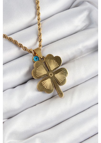 316L Çelik Burgu Zincirli Nazar Detaylı Yonca Model Gold Renk Kadın Kolye