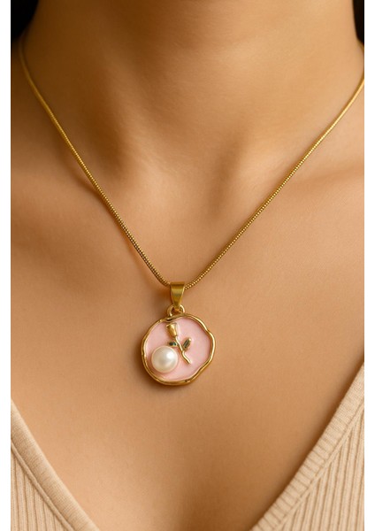 Pembe Zeminli Büyük Inci Çiçek Çelik Kolye