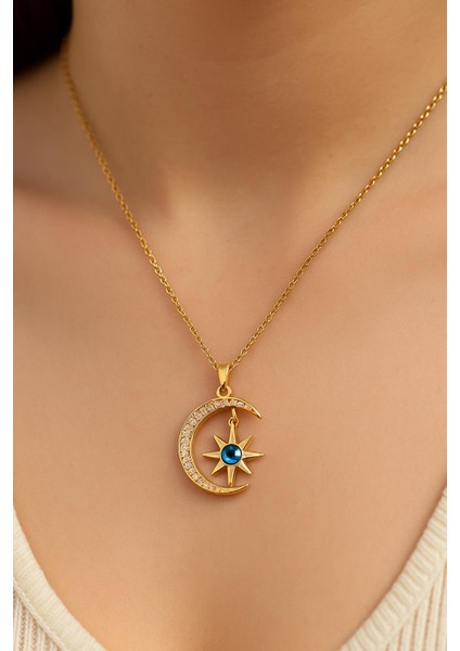 Mavi Kuzey Yldızlı Ay Çelik Kolye