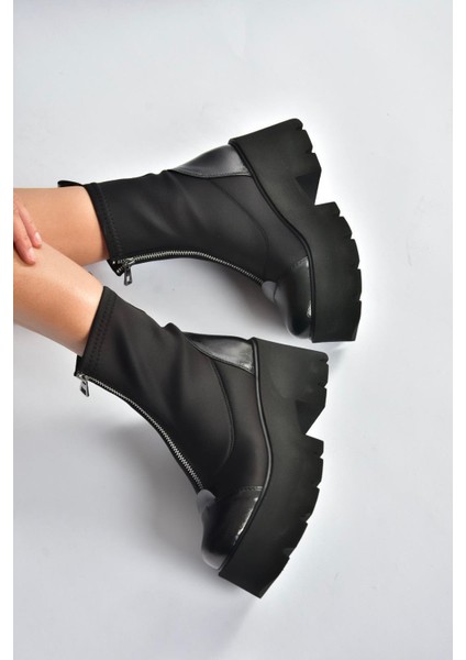 V820008604 Siyah Kumaş Kalın Tabanlı Fermuarlı Kadın Bot fiyatları