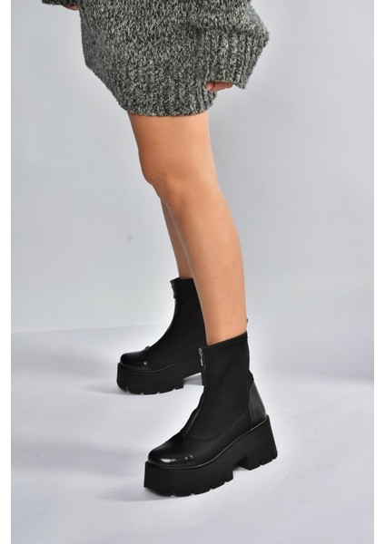 V820008604 Siyah Kumaş Kalın Tabanlı Fermuarlı Kadın Bot modelleri