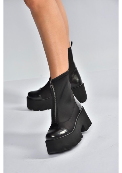 V820008604 Siyah Kumaş Kalın Tabanlı Fermuarlı Kadın Bot fırsatları