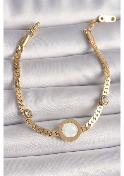 316L Çelik Gold Renk Yassı Zincir Model Zirkon Taş Detaylı Beyaz Mineli Madalyon Model Kadın Bileklik