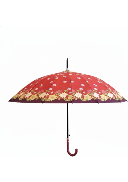 Çiçek Detaylı,renkli 1. Sınıf Kalite Baston Tip Rüzgar Korumalı Metal 16 Telli Siyah Gövdeli Şemsiye