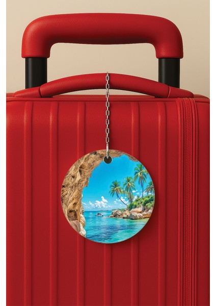 Desenli Baskılı Pleksi Zincir Aparatlı Bavul Etiketi Valiz Etiketi Ada Hayatı