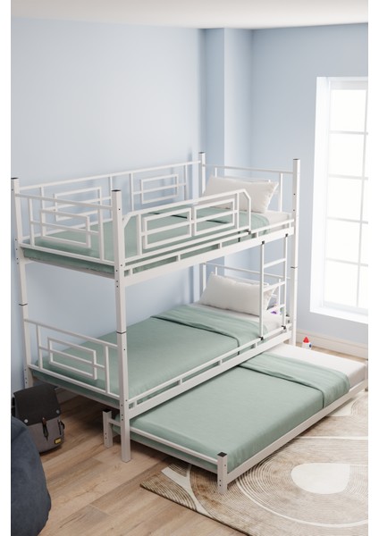 Defne Genç Çocuk Yatak Odası Metal Ranza ve Karyola Beyaz