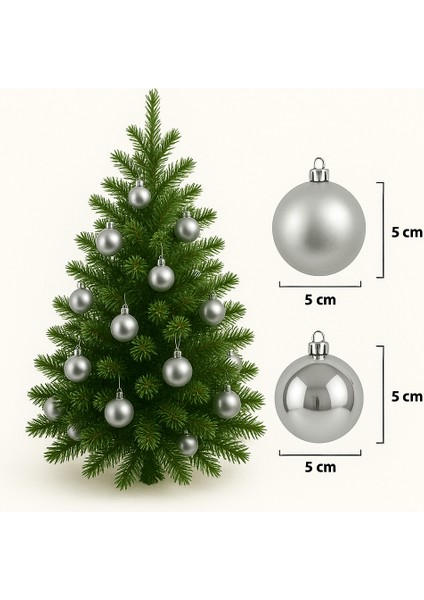 Yılbaşı Ağacı Top Süsleri, 5 cm 6 Adet, Parlak Mat Toplar Gümüş