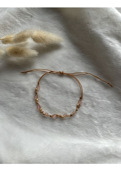 Minimal Pembe Kuvars Taşı Ayarlanabilir Ip Bileklik & Halhal El Yapımı