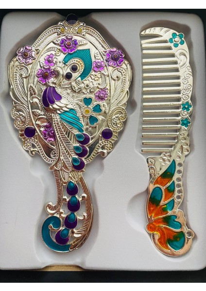 Ayna Tarak Seti, Kutulu-Metal-Hediyelik Takım, 13CM Aynalı Saç Fırçası, Tavuskuşu Figürlü