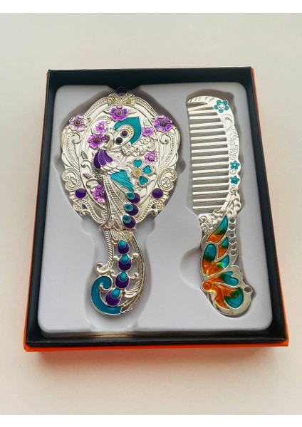 Ayna Tarak Seti, Kutulu-Metal-Hediyelik Takım, 13CM Aynalı Saç Fırçası, Tavuskuşu Figürlü modelleri