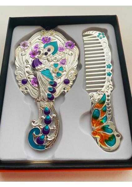 Ayna Tarak Seti, Kutulu-Metal-Hediyelik Takım, 13CM Aynalı Saç Fırçası, Tavuskuşu Figürlü fırsatları