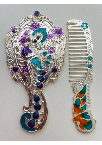 Ayna Tarak Seti, Kutulu-Metal-Hediyelik Takım, 13CM Aynalı Saç Fırçası, Tavuskuşu Figürlü indirimleri