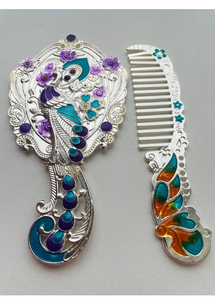 Ayna Tarak Seti, Kutulu-Metal-Hediyelik Takım, 13CM Aynalı Saç Fırçası, Tavuskuşu Figürlü