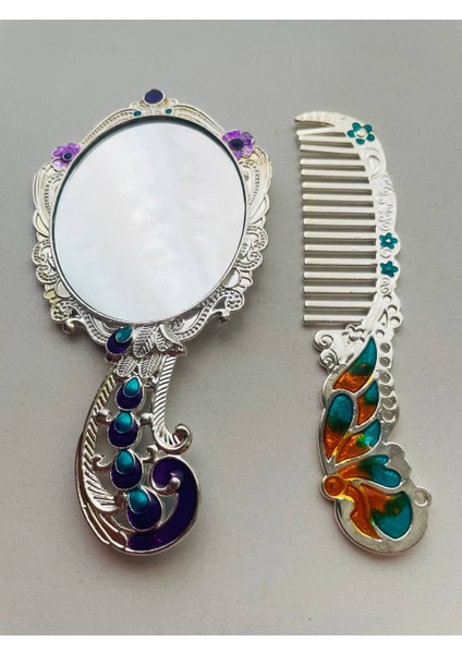 Ayna Tarak Seti, Kutulu-Metal-Hediyelik Takım, 13CM Aynalı Saç Fırçası, Tavuskuşu Figürlü