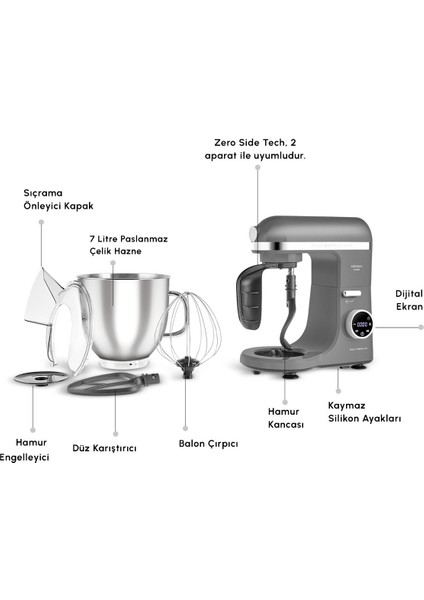 2000W Yüksek Güçlü ve 7 Litrelik Büyük Hazneli Dijital Ekranlı Çırpma, Karıştırma ve Hamur Yoğurma Makinesi & Mutfak Şefi + Hassas Mutfak Tartı fiyatları