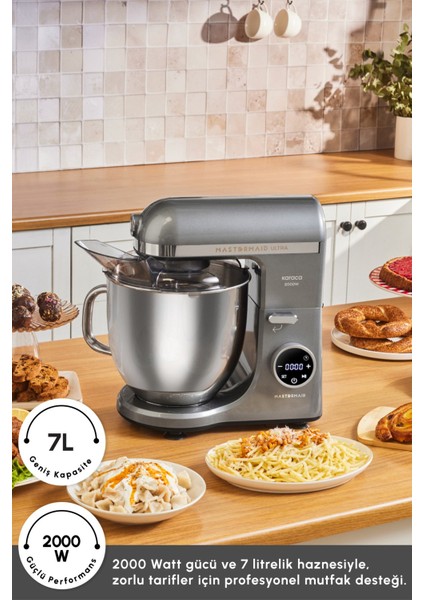 2000W Yüksek Güçlü ve 7 Litrelik Büyük Hazneli Dijital Ekranlı Çırpma, Karıştırma ve Hamur Yoğurma Makinesi & Mutfak Şefi + Hassas Mutfak Tartı modelleri