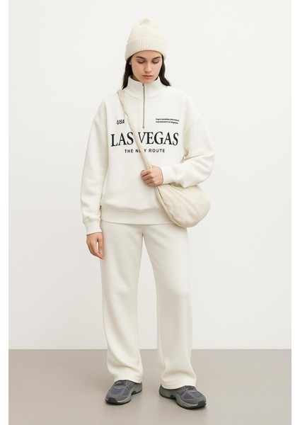 Oversize Yakası Fermuarlı Sweatshirt Ekru