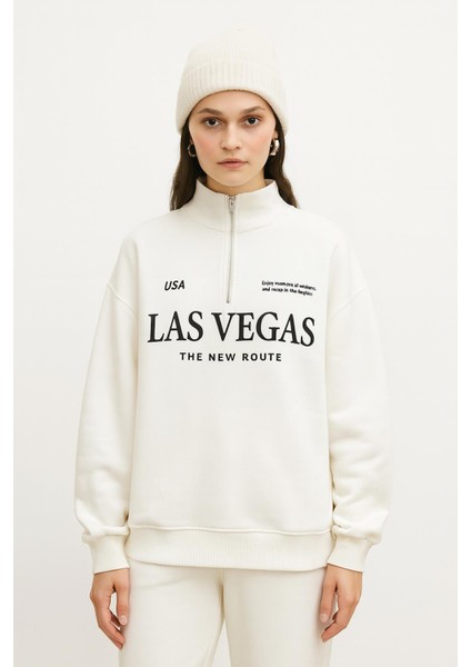 Oversize Yakası Fermuarlı Sweatshirt Ekru fiyatları
