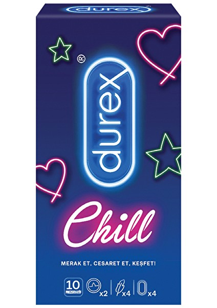 2 Adet Durex Prezervatif Chill 10'lu (2 Adet Klasik, 4 Adet Yok Ötesi Ekstra His, 4 Adet Yakın Hisset)