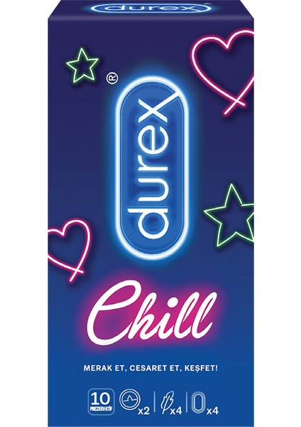 2 Adet Durex Prezervatif Chill 10'lu (2 Adet Klasik, 4 Adet Yok Ötesi Ekstra His, 4 Adet Yakın Hisset) fiyatları