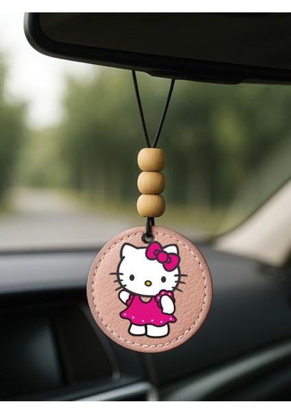 Tasarım Deri Süslemeli Desenli Tematik Dikiz Araç Aynası Süsü Açık Pembe - Kitty