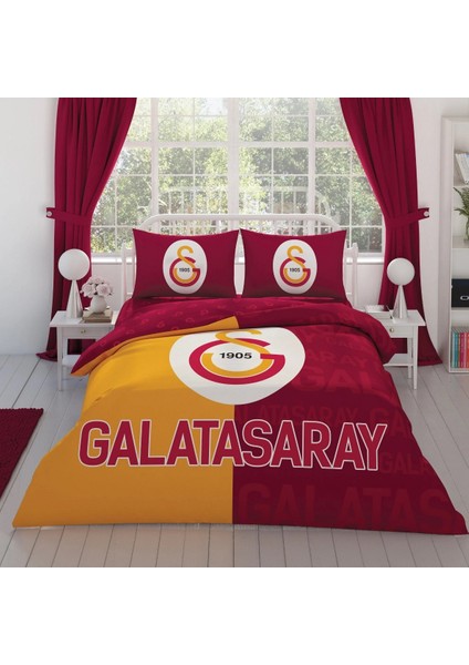 Taraftar Lisanslı Ranforce Çarşafı Lastikli Çift Kişilik Nevresim Takımı-Galatasaray Parçalı Logo