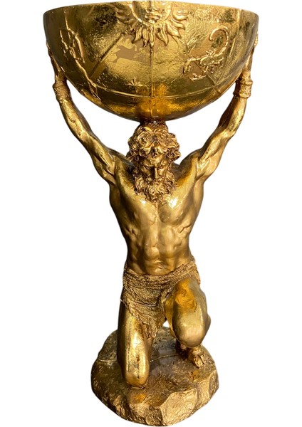 Gold Renk Atlas Heykeli | 40 cm Dekoratif Seramik Kase Figür | Lüks Ev ve Ofis Aksesuarı