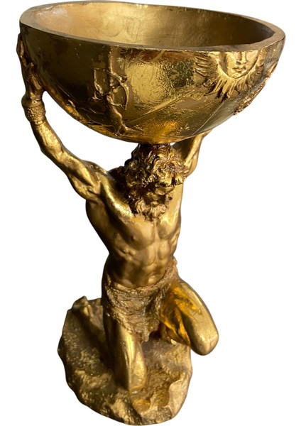 Gold Renk Atlas Heykeli | 40 cm Dekoratif Seramik Kase Figür | Lüks Ev ve Ofis Aksesuarı