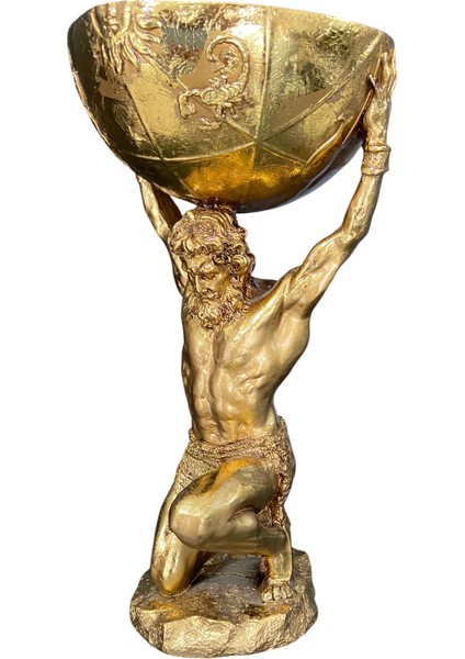 Gold Renk Atlas Heykeli | 40 cm Dekoratif Seramik Kase Figür | Lüks Ev ve Ofis Aksesuarı