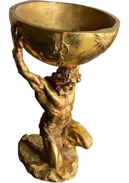 Gold Renk Atlas Heykeli | 40 cm Dekoratif Seramik Kase Figür | Lüks Ev ve Ofis Aksesuarı