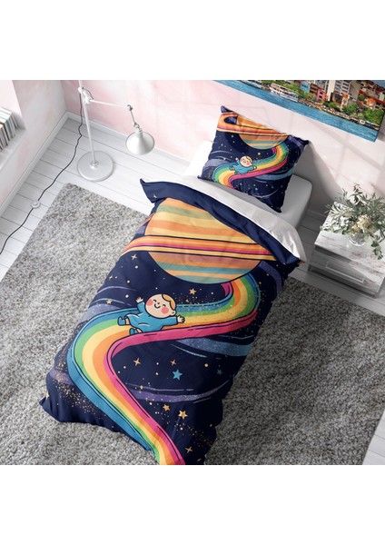 Renkli Gökkuşağı ve Gezegen Temalı Uzay Nevresim Takımı (Çarşafsız)