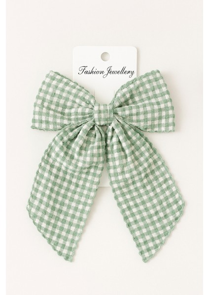 Kadın Müslin Kumaş Ekose Desenli Otomatik Mekanizmalı Fiyonk Toka 12X16 cm Saç Aksesuarı