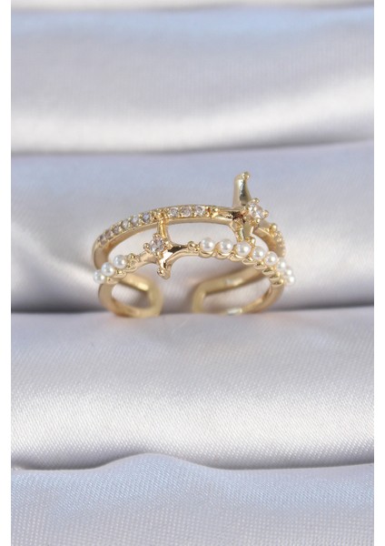 Pirinç Gold Renk Zirkon Taşlı Inci Detay Kutup Yıldızı Model Kadın Yüzük - Lisinya