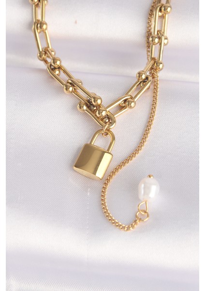 316L Çelik Zincir Altın Renk Zincirli Love Yazılı Kilit Kolye