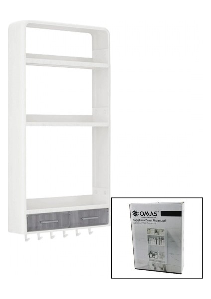 Beyaz Yapışkanlı Duvar Organizeri Plastik 3 RAF=14CM-19CM-30CM - 2 ÇEKMECE=40CM - 6 Askı 19 Parça (5324)