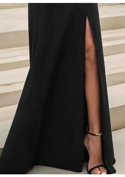 Kadın Uzun Kollu Madonna Yakalı Yırtmaç Detaylı Uzun Ithal Krep Elbise modelleri