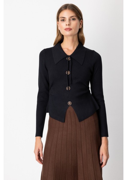 Kadın Süs Düğmeli Büzgü Detaylı Triko Kazak 65353 Siyah