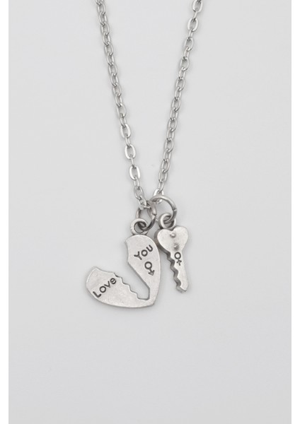 Kalp ve Anahtar 'love' Yazılı Kolye - Düz Ezme Ithal Zincirli Unisex Gümüş Kaplama - 60 cm