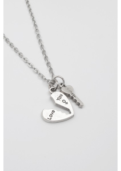 Kalp ve Anahtar 'love' Yazılı Kolye - Düz Ezme Ithal Zincirli Unisex Gümüş Kaplama - 60 cm fiyatları