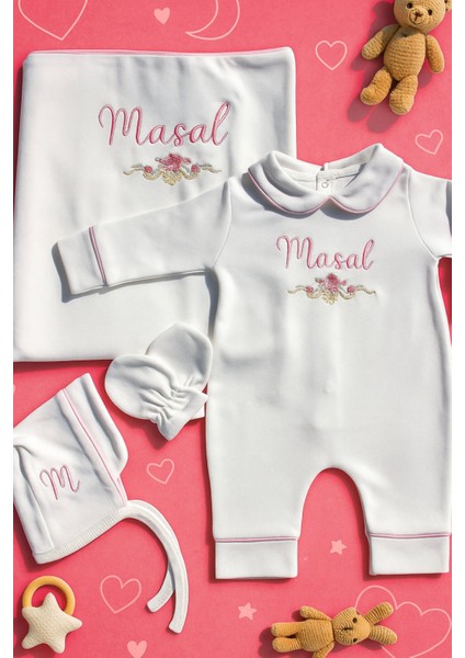 Kız Bebek Çiçekli 6 Parça Yenidoğan Set %100 Pamuk Tulum Battaniye Şapka Yastık Puset Örtü Eldiven