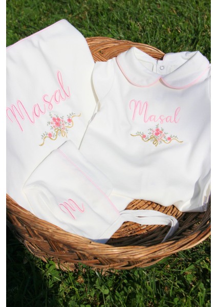 Kız Bebek Çiçekli 6 Parça Yenidoğan Set %100 Pamuk Tulum Battaniye Şapka Yastık Puset Örtü Eldiven modelleri