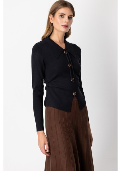 Kadın Süs Düğmeli Büzgü Detaylı Triko Kazak 65353 Siyah fiyatları