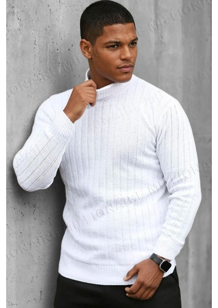 Erkek Beyaz Boğazlı Balıkçı Yaka Kışlık Triko Kazak