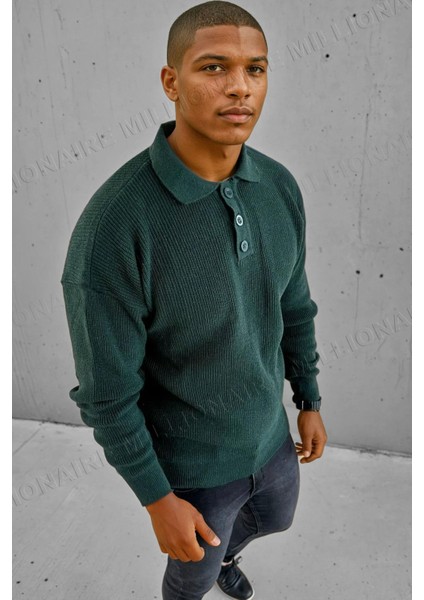 Erkek Yeşil Polo Yaka Patlı Düğmeli Yakalı Kışlık Triko Kazak fiyatları
