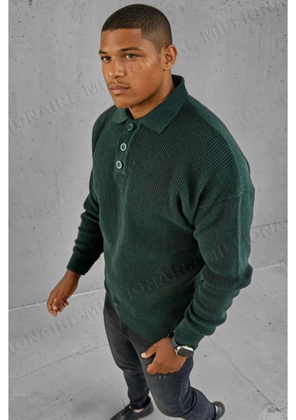 Erkek Yeşil Polo Yaka Patlı Düğmeli Yakalı Kışlık Triko Kazak modelleri