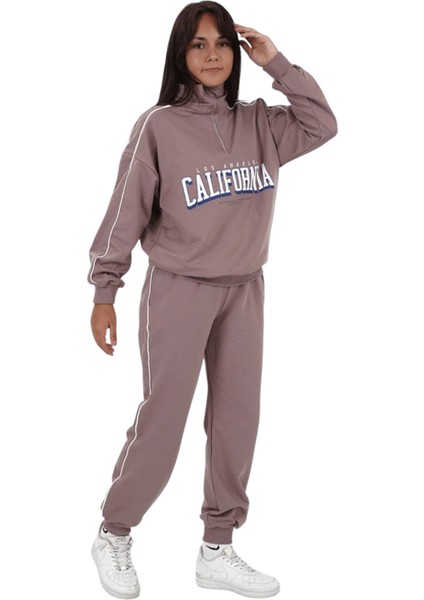 Kız Çocuk California Yazılı Yarım Fermuar Model Pudra Renk Oversize Eşofman Takımı