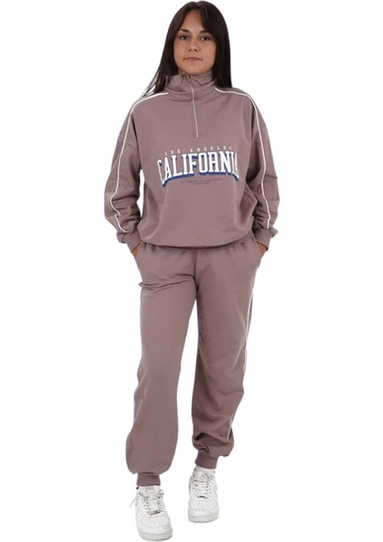 Kız Çocuk California Yazılı Yarım Fermuar Model Pudra Renk Oversize Eşofman Takımı fiyatları