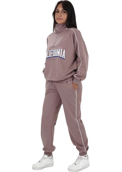 Kız Çocuk California Yazılı Yarım Fermuar Model Pudra Renk Oversize Eşofman Takımı modelleri
